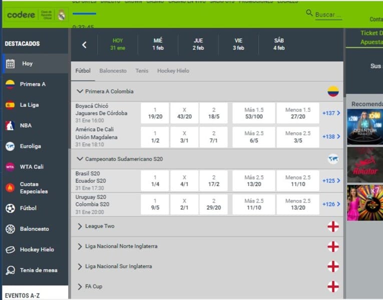 Apuestas online Codere para torneos deportivos en directo