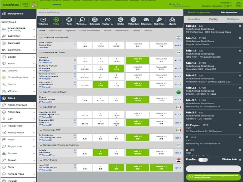 Apuestas deportivas de Codere según la cantidad de selecciones